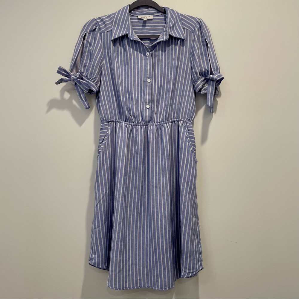 ‘ striped short sleeve collared button down midi dress
